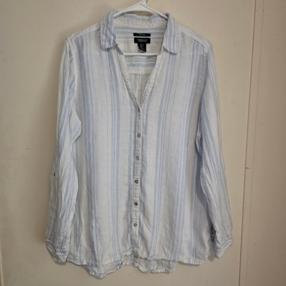 Jones & Co Womens 100% Linen Striped Top Size Large Roll Tab Coastal Beach Blue